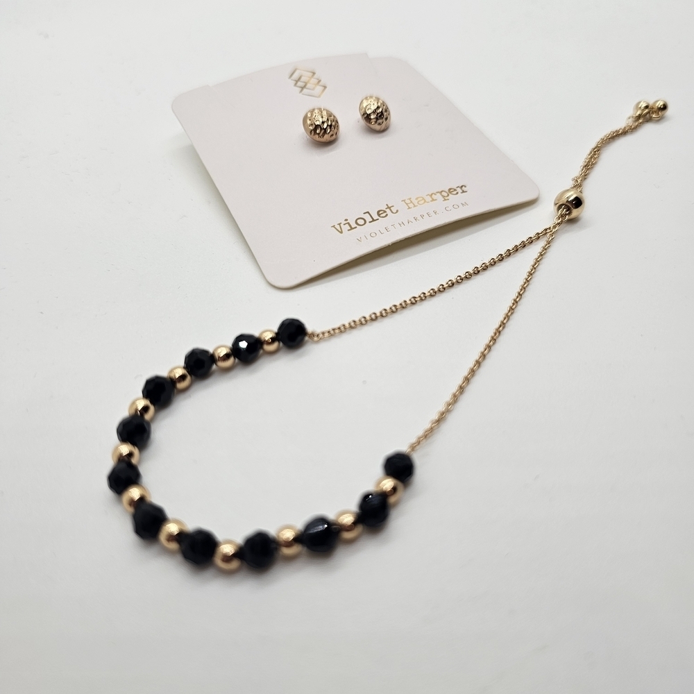 Violet Harper Elegant Black and Gold Adjustable Bracelet and Earring Set - Picture 3 of 4
